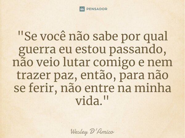 ⁠"Se você não sabe por qual guerra eu estou passando, não veio lutar comigo e nem trazer paz, então, para não se ferir, não entre na minha vida."... Frase de Wesley D'Amico.