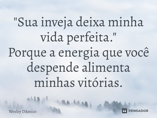 ⁠"Sua inveja deixa minha vida perfeita." Porque a energia que você despende alimenta minhas vitórias.... Frase de Wesley D'Amico.
