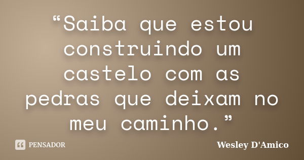 “Saiba que estou construindo um castelo com as pedras que deixam no meu caminho.”... Frase de Wesley D'Amico.