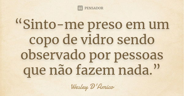 “Sinto-me preso em um copo de vidro sendo observado por pessoas que não fazem nada.”... Frase de Wesley D'Amico.