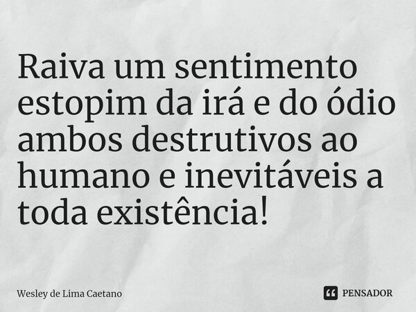 ⁠Raiva um sentimento estopim da irá e do ódio ambos destrutivos ao humano e inevitáveis a toda existência!... Frase de Wesley De Lima Caetano.