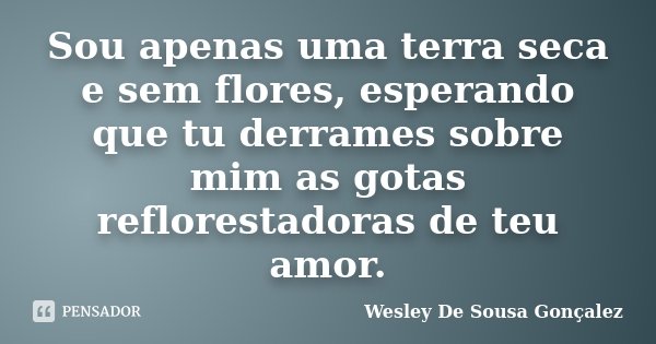 Sou apenas uma terra seca e sem flores, esperando que tu derrames sobre mim as gotas reflorestadoras de teu amor.... Frase de Wesley De Sousa Gonçalez.