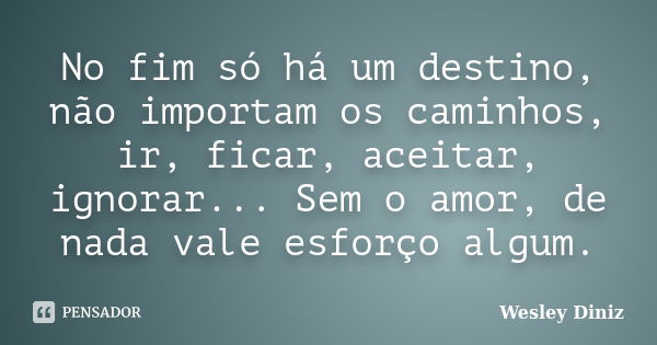 No fim só há um destino, não importam os caminhos, ir, ficar, aceitar, ignorar... Sem o amor, de nada vale esforço algum.... Frase de Wesley Diniz.