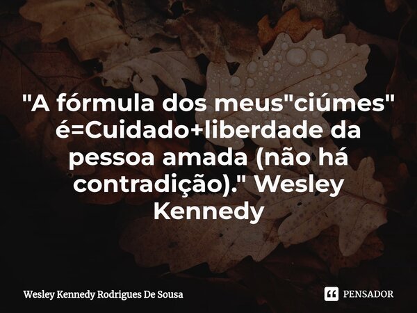 ⁠"A fórmula dos meus "ciúmes" é=Cuidado+liberdade da pessoa amada (não há contradição)." Wesley Kennedy... Frase de Wesley Kennedy Rodrigues De Sousa.