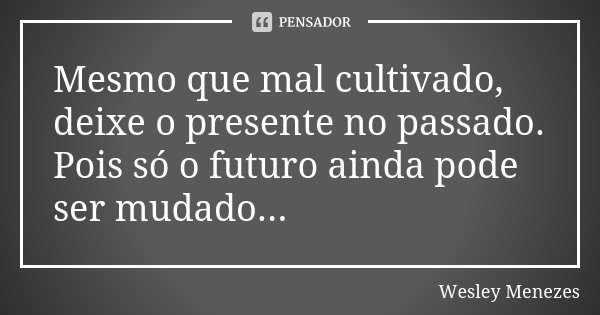 Mesmo que mal cultivado, deixe o presente no passado. Pois só o futuro ainda pode ser mudado...... Frase de Wesley Menezes.