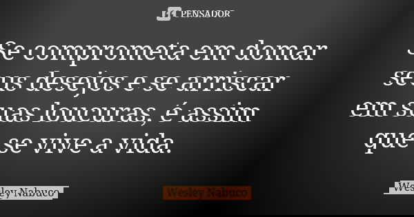 Se comprometa em domar seus desejos e se arriscar em suas loucuras, é assim que se vive a vida.... Frase de Wesley Nabuco.