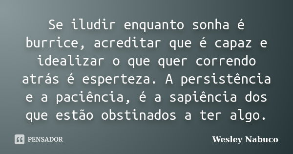 Se iludir enquanto sonha é burrice, acreditar que é capaz e idealizar o que quer correndo atrás é esperteza. A persistência e a paciência, é a sapiência dos que... Frase de Wesley Nabuco.