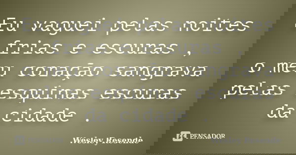 Eu vaguei pelas noites frias e escuras , o meu coração sangrava pelas esquinas escuras da cidade .... Frase de Wesley Resende.