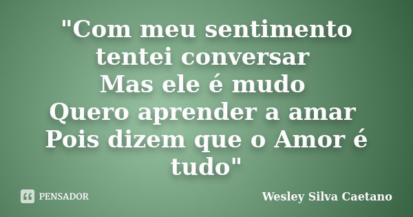 "Com meu sentimento tentei conversar Mas ele é mudo Quero aprender a amar Pois dizem que o Amor é tudo"... Frase de Wesley Silva Caetano.