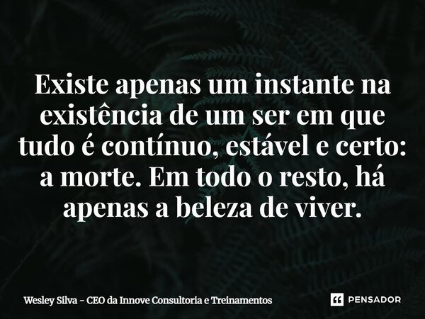 Existe apenas um instante na existência de um ser em que tudo é contínuo, estável e certo: a morte. Em todo o resto, há apenas a beleza de viver.... Frase de Wesley Silva - CEO da Innove Consultoria e Treinamentos.