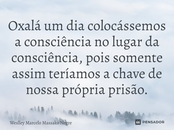 ⁠Oxalá um dia colocássemos a consciência no lugar da consciência, pois somente assim teríamos a chave de nossa própria prisão.... Frase de Weslley Marcelo Massako Negre.