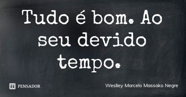 Tudo é bom. Ao seu devido tempo.... Frase de Weslley Marcelo Massako Negre.