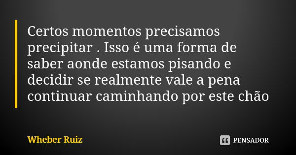 Certos momentos precisamos precipitar . Isso é uma forma de saber aonde estamos pisando e decidir se realmente vale a pena continuar caminhando por este chão... Frase de Wheber Ruiz.