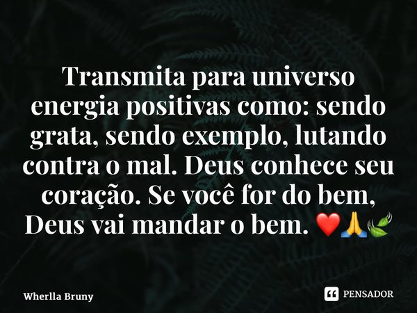 ⁠Transmita para universo energia positivas como: sendo grata, sendo exemplo, lutando contra o mal. Deus conhece seu coração. Se você for do bem, Deus vai mandar... Frase de Wherlla Bruny.