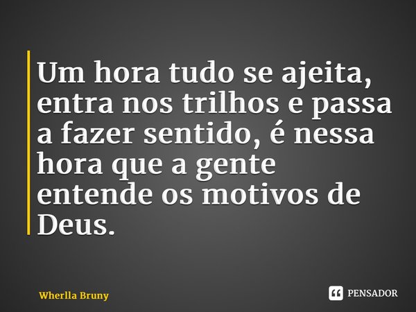 ⁠Um hora tudo se ajeita, entra nos trilhos e passa a fazer sentido, é nessa hora que a gente entende os motivos de Deus.... Frase de Wherlla Bruny.