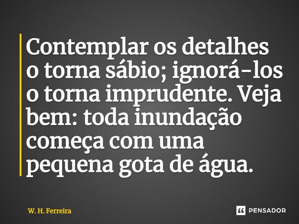 ⁠Contemplar os detalhes o torna sábio; ignorá-los o torna imprudente. Veja bem: toda inundação começa com uma pequena gota de água.... Frase de W. H. Ferreira.