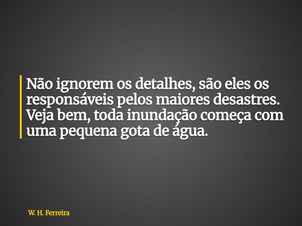 Não ignorem os detalhes, são eles os responsáveis pelos maiores desastres. Veja bem, toda inundação começa com uma pequena gota de água.... Frase de W. H. Ferreira.