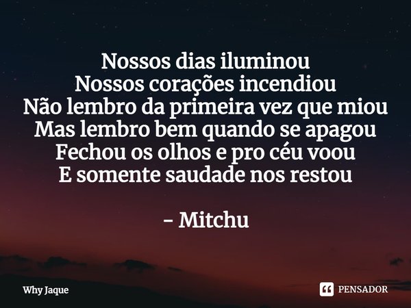 ⁠Nossos dias iluminou
Nossos corações incendiou
Não lembro da primeira vez que miou
Mas lembro bem quando se apagou
Fechou os olhos e pro céu voou
E somente sau... Frase de Why Jaque.