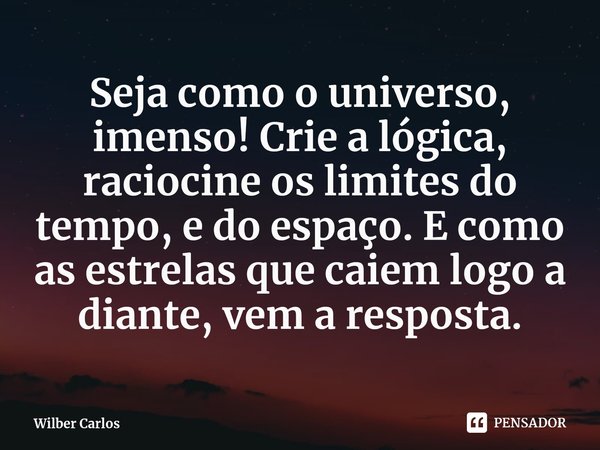 Seja como o universo, imenso! Crie a lógica, raciocine os limites do tempo, e do espaço. E como as estrelas que caiem logo a diante, vem a resposta⁠.... Frase de Wilber Carlos.