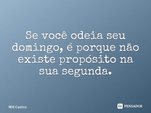 ⁠Se você odeia seu domingo, é porque não existe propósito na sua segunda.... Frase de Wil Castro.
