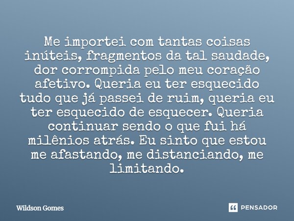 Me importei com tantas coisas inúteis, fragmentos da tal saudade, dor corrompida pelo meu coração afetivo. Queria eu ter esquecido tudo que já passei de ruim, ... Frase de Wildson Gomes.