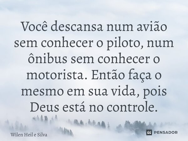 ⁠Você descansa num avião sem conhecer o piloto, num ônibus sem conhecer o motorista. Então faça o mesmo em sua vida, pois Deus está no controle.... Frase de Wilen Heil e Silva.