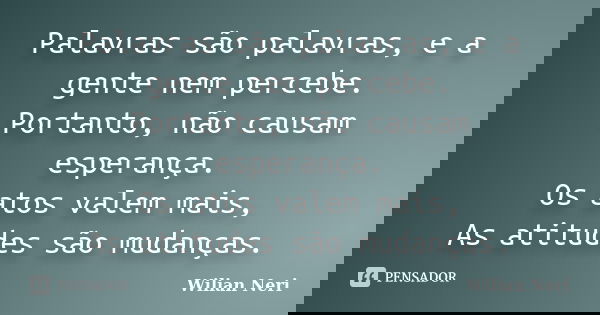 Palavras são palavras, e a gente nem percebe. Portanto, não causam esperança. Os atos valem mais, As atitudes são mudanças.... Frase de Wilian Neri.