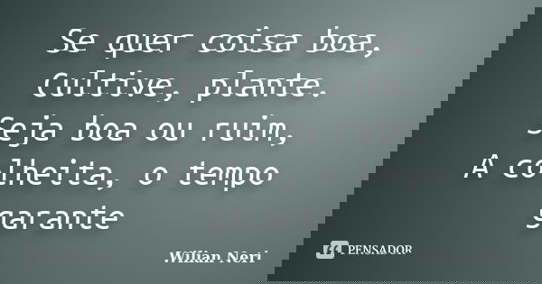 Se quer coisa boa, Cultive, plante. Seja boa ou ruim, A colheita, o tempo garante... Frase de Wilian Neri.