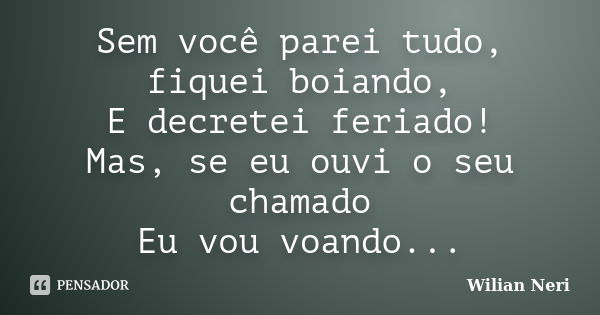 Sem você parei tudo, fiquei boiando, E decretei feriado! Mas, se eu ouvi o seu chamado Eu vou voando...... Frase de Wilian Neri.