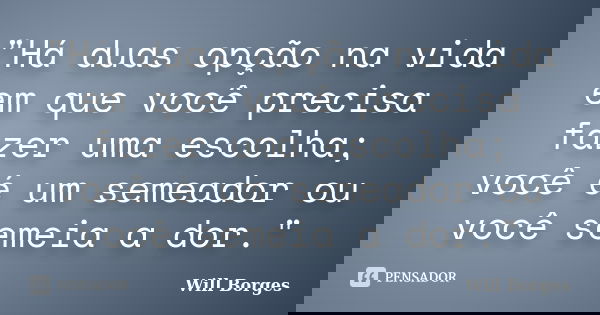 "Há duas opção na vida em que você precisa fazer uma escolha; você é um semeador ou você semeia a dor."... Frase de Will Borges.