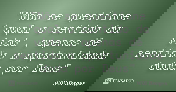 "Não se questione 'qual o sentido da vida', apenas dê sentido a oportunidade dada por Deus"... Frase de Will Borges.