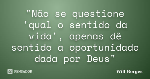 "Não se questione 'qual o sentido da vida', apenas dê sentido a oportunidade dada por Deus"... Frase de Will Borges.