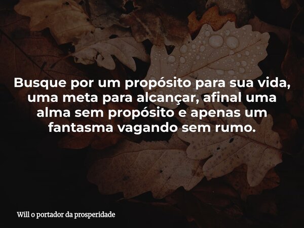 ⁠Busque por um propósito para sua vida, uma meta para alcançar, afinal uma alma sem propósito e apenas um fantasma vagando sem rumo.... Frase de Will o portador da prosperidade.