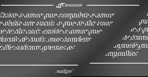 Existe o amor que completa e amor que deixa um vazio, o que te faz voar e o que te faz cair, existe o amor que te transborda de tudo, mas também aquele que lhe ... Frase de willcgd.