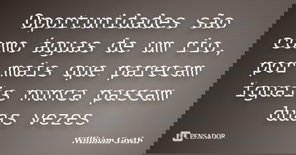 Oportunidades são como águas de um rio, por mais que parecam iguais nunca passam duas vezes... Frase de Willhiam Gosth.