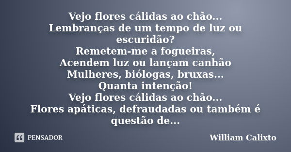 Vejo flores cálidas ao chão... Lembranças de um tempo de luz ou escuridão? Remetem-me a fogueiras, Acendem luz ou lançam canhão Mulheres, biólogas, bruxas... Qu... Frase de William Calixto.