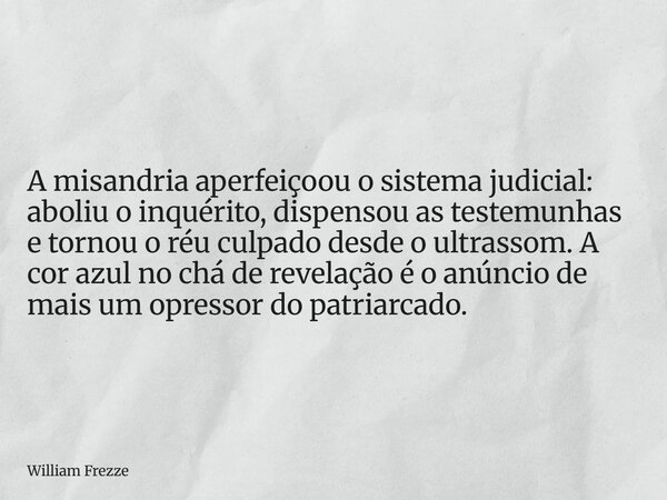 A misandria aperfeiçoou o sistema judicial: aboliu o inquérito, dispensou as testemunhas e tornou o réu culpado desde o ultrassom. A cor azul no chá de revelaçã... Frase de William Frezze.