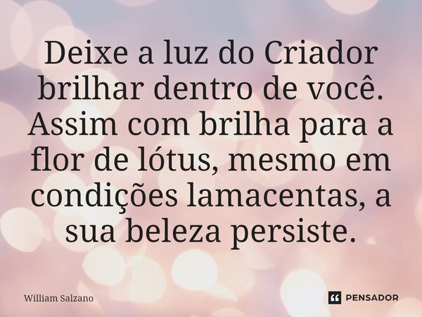 ⁠Deixe a luz do Criador brilhar dentro de você. Assim com brilha para a flor de lótus, mesmo em condições lamacentas, a sua beleza persiste.... Frase de William Salzano.