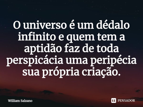 ⁠O universo é um dédalo infinito e quem tem a aptidão faz de toda perspicácia uma peripécia sua própria criação.... Frase de William Salzano.