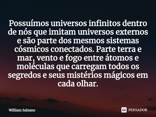 ⁠Possuímos universos infinitos dentro de nós que imitam universos externos e são parte dos mesmos sistemas cósmicos conectados. Parte terra e mar, vento e fogo ... Frase de William Salzano.