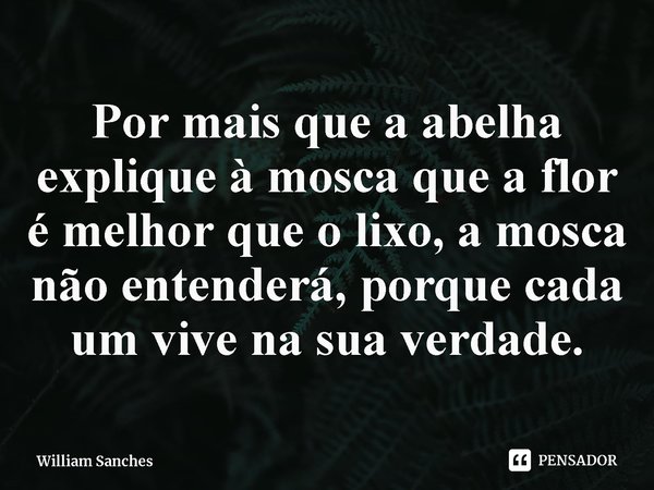 ⁠Por mais que a abelha explique à mosca que a flor é melhor que o lixo, a mosca não entenderá, porque cada um vive na sua verdade.... Frase de William Sanches.