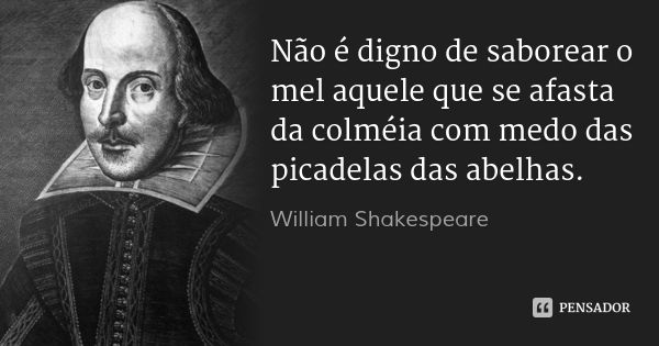 Não é digno de saborear o mel aquele que se afasta da colméia com medo das picadelas das abelhas.... Frase de William Shakespeare.