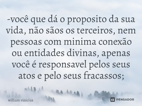 ⁠-você que dá o proposito da sua vida, não sãos os terceiros, nem pessoas com minima conexão ou entidades divinas, apenas você é responsavel pelos seus atos e p... Frase de William Vinicius.