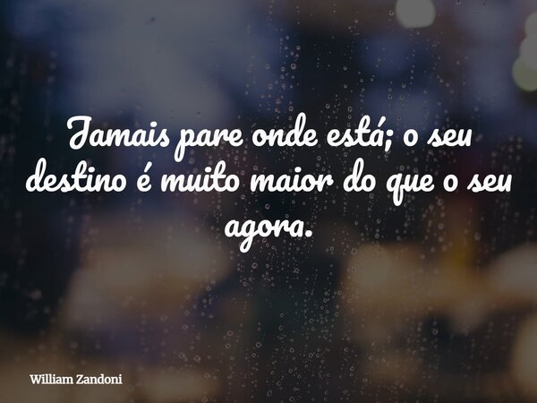 Jamais pare onde está; o seu destino é muito maior do que o seu agora.... Frase de William Zandoni.