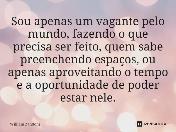 ⁠Sou apenas um vagante pelo mundo, fazendo o que precisa ser feito, quem sabe preenchendo espaços, ou apenas aproveitando o tempo e a oportunidade de poder esta... Frase de William Zandoni.