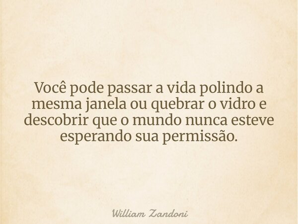 Você pode passar a vida polindo a mesma janela ou quebrar o vidro e descobrir que o mundo nunca esteve esperando sua permissão.... Frase de William Zandoni.