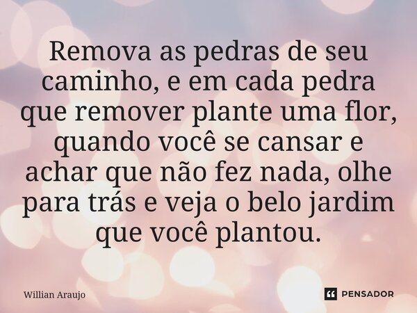 ⁠Remova as pedras de seu caminho, e em cada pedra que remover plante uma flor, quando você se cansar e achar que não fez nada, olhe para trás e veja o belo jard... Frase de Willian Araujo.