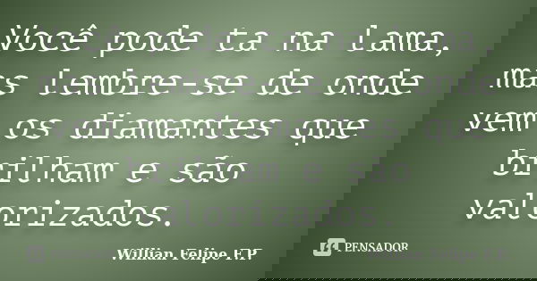Você pode ta na lama, mas lembre-se de onde vem os diamantes que brilham e são valorizados.... Frase de Willian Felipe F.P..