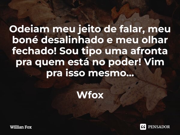 ⁠Odeiam meu jeito de falar, meu boné desalinhado e meu olhar fechado! Sou tipo uma afronta pra quem está no poder! Vim pra isso mesmo... Wfox... Frase de Willian Fox.