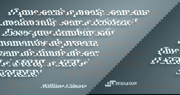 O que seria o poeta, sem sua melancolia, sem a tristeza? Esses que também são momentos de proeza. Que vem do fundo do ser. O SER é AMOR, o SER é SOFRER!... Frase de Williane Câmara.